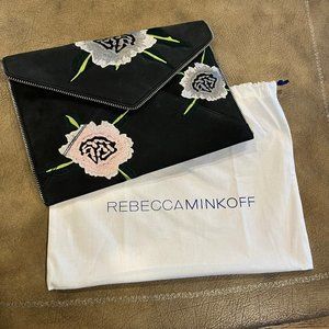 Rebecca Minkoff Leo Clutch Leather Nubuck Flowers Black Gray Pink